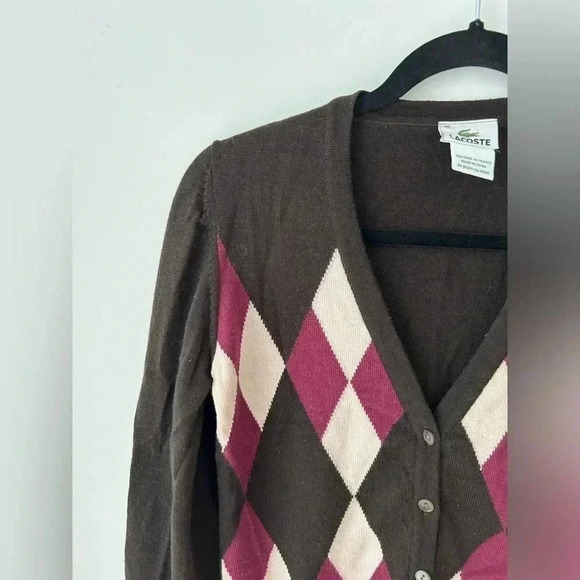 Lacoste fine merino wool argyle brown cardigan sweater - Picture 2 of 11